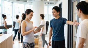 慌ただしい事務所での案内をこなすスタッフの画像